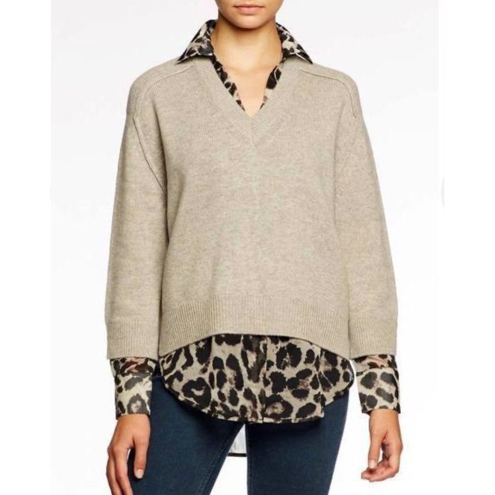 Brochu Walker Looker Sweater Womens M Beige Leopard Layered Cashmere Wool Blend